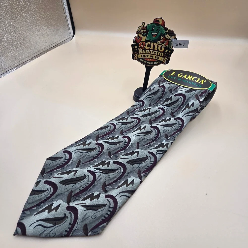 J. Garcia Mens Silk Tie Grey Burgundy Abstract Art Neckwear Collection Fourteen